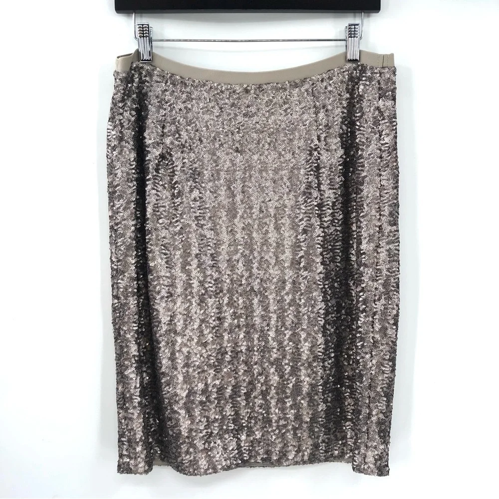J.JILL Silver Sequin Pencil Skirt Grey Pull On Elastic Waist Holiday Christmas